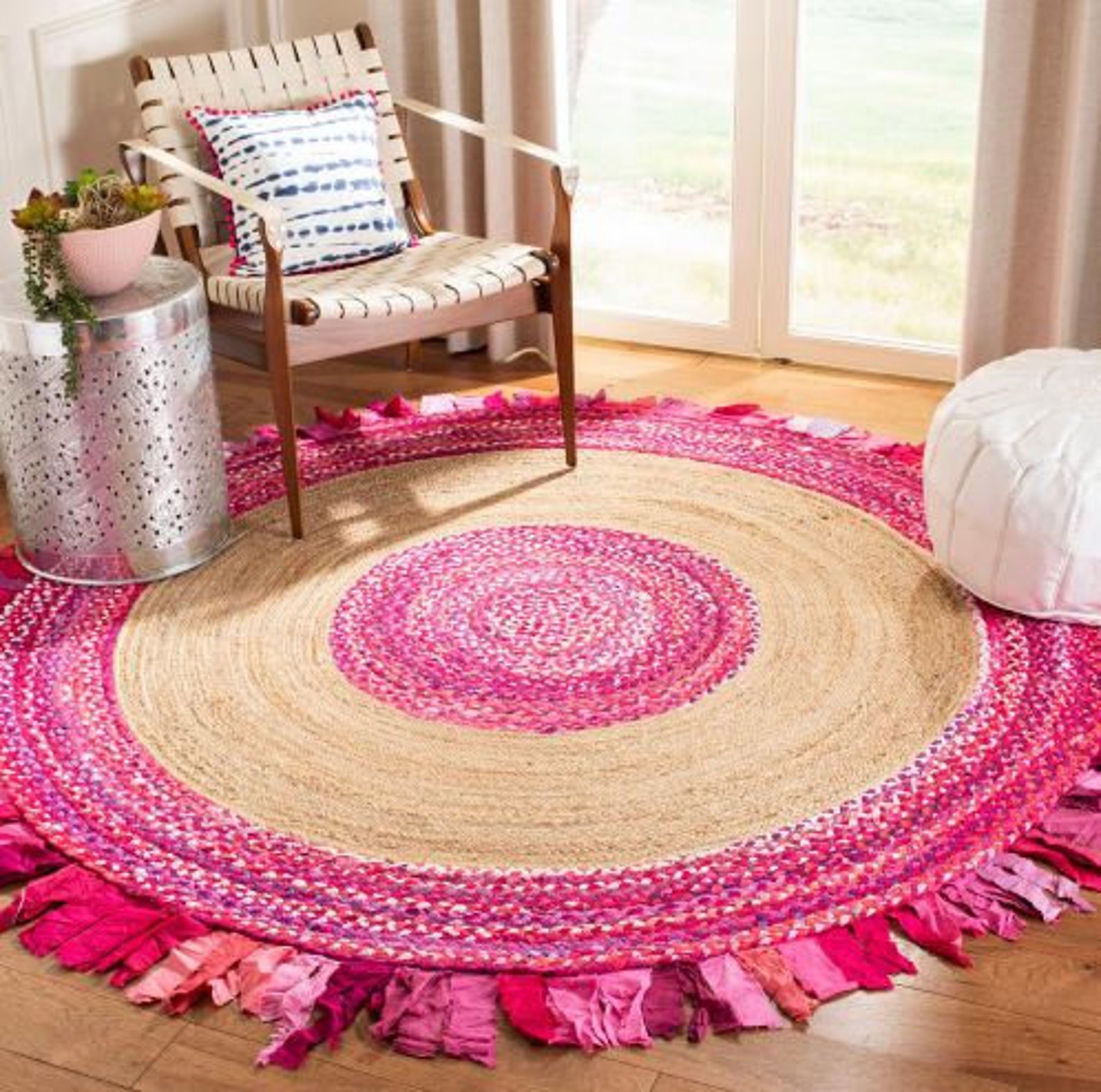 Beautiful Pink Colorful Hand Braided Rug. Natural Handmade Etsy