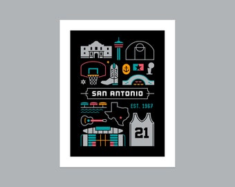 May include: A black and white illustration of San Antonio, Texas landmarks, including the Alamo, the River Walk, the Tower of the Americas, and the Spurs basketball team. The text "San Antonio" and "EST. 1967" is included in the design.