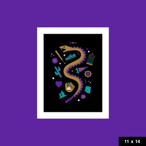 May include: A black and white illustration of a snake with a baseball glove, bat, and other sports-related imagery. The snake is gold with teal accents. The text "2001" is visible on the snake.