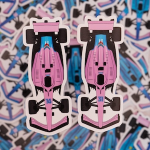 Puede incluir: Dos pegatinas de coche de carreras de Fórmula 1 rosa y azul. Las pegatinas son del mismo diseño, pero una tiene el número 14 y la otra el número 31. Las pegatinas están sobre un fondo de otras pegatinas.