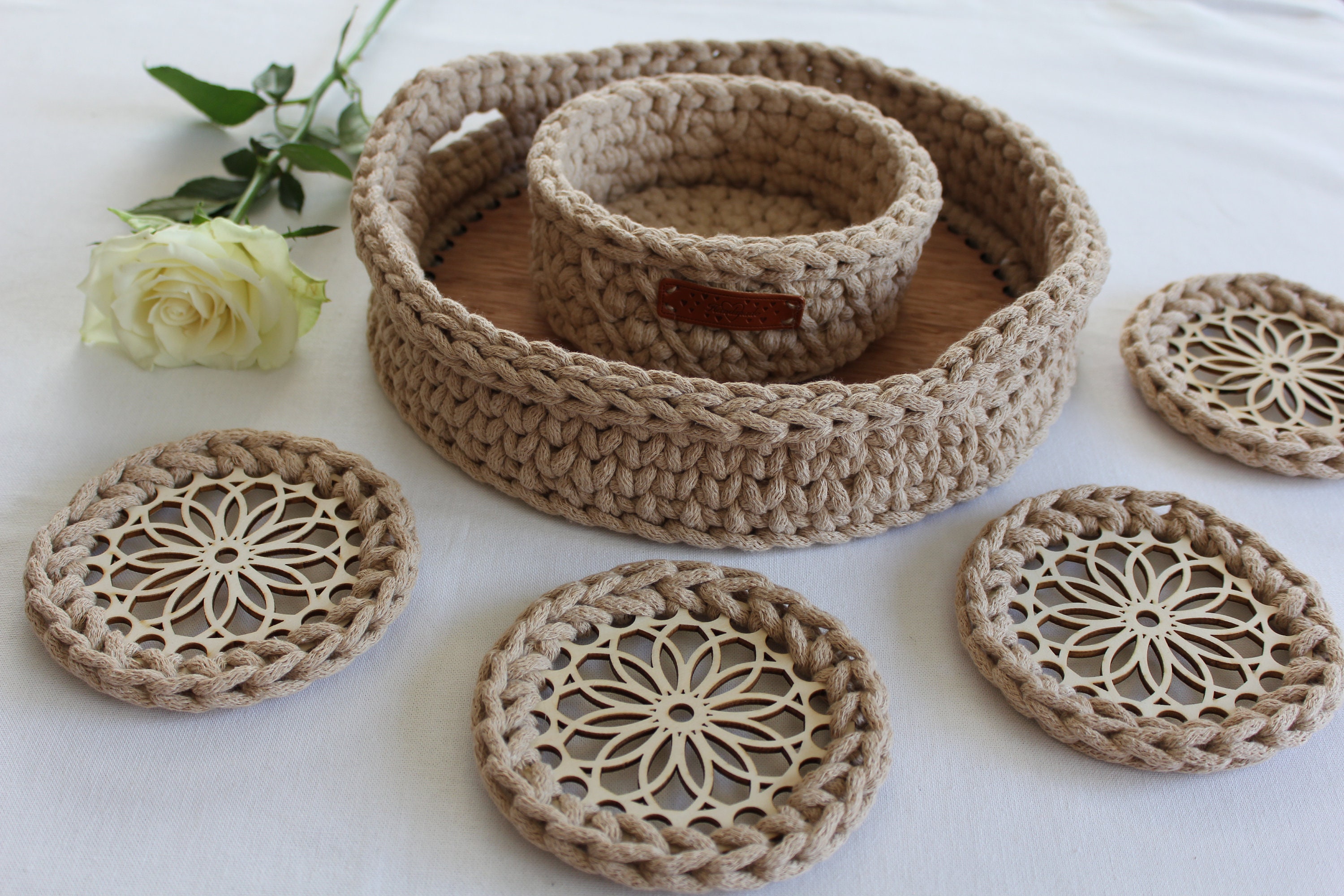 Crochet Serving Tray With Four Coasters and Mini Basket Etsy UK