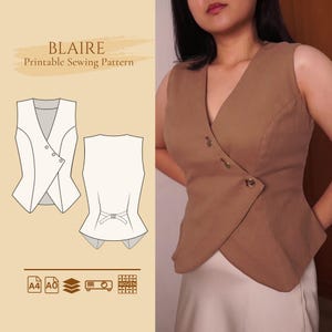 Peut inclure: Patron de couture imprimable pour un gilet sans manches marron avec un col en V et une fermeture à boutons diagonale. Le patron s'appelle "BLAIRE" et est destiné aux tissus tissés.