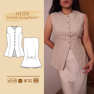 Pode incluir: Um top sem mangas bege com decote redondo e fecho de botões. O top é combinado com uma saia a condizer. A imagem também inclui uma ilustração de padrão de costura com o texto "HEIDI Printable Sewing Pattern".