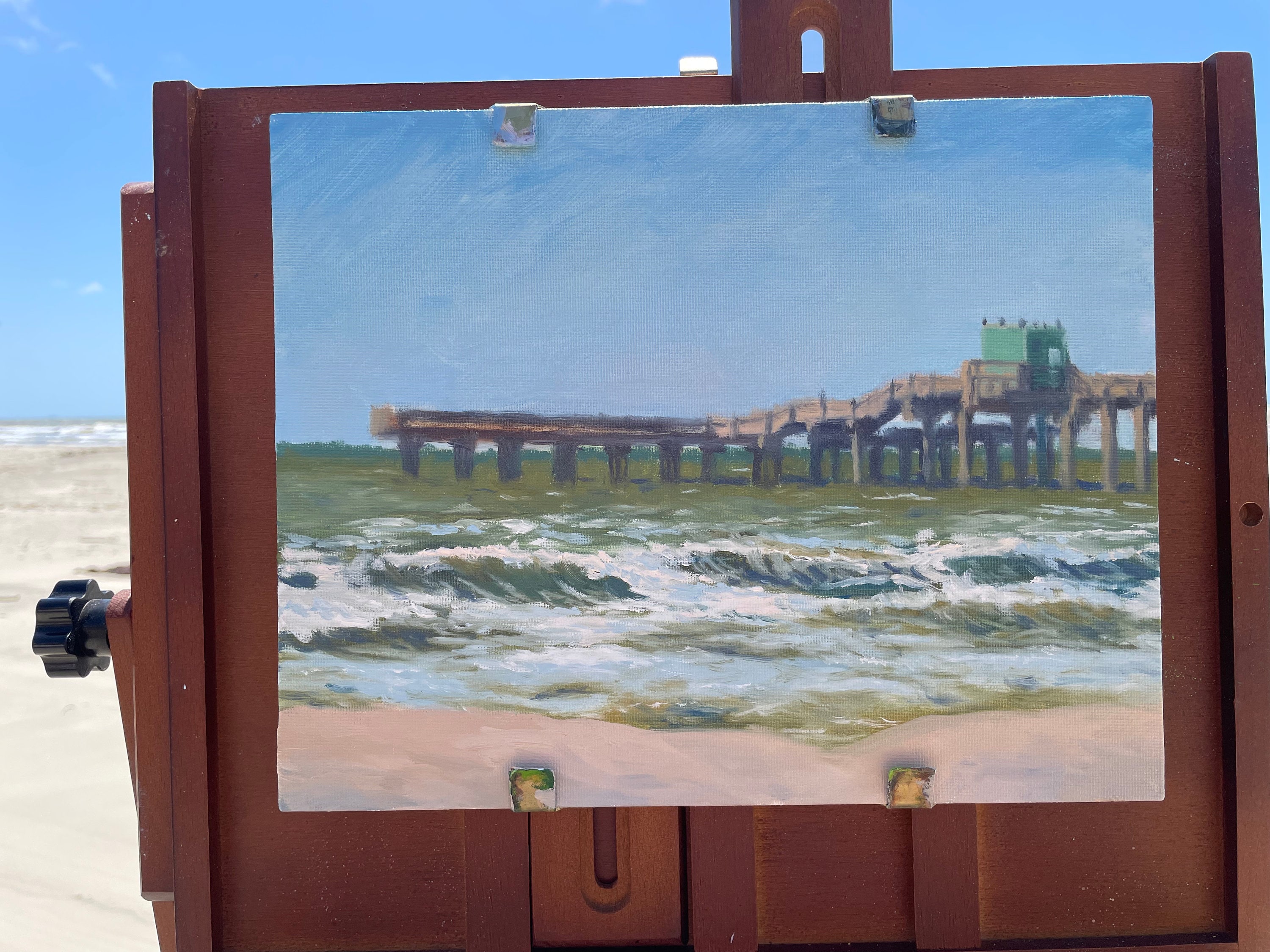 ORIGINAL Oil Painting Galveston Shoreline, 8x10 Texas Landscape Painting Ocean Beach Pier Gulf