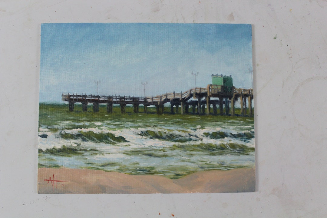 ORIGINAL Oil Painting Galveston Shoreline, 8x10 Texas Landscape Painting Ocean Beach Pier Gulf