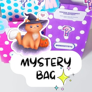 Dolce borsa portafortuna | Scatola misteriosa | Borsa portafortuna | Adesivi carini | Adesivi Kawaii | Cartoline poster: idea regalo per amici e fan dei gatti