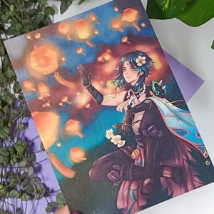 Lantern Rite Xiao Genshin Impact Poster mit Laternen Kulisse A4, A5, A6 Postkarte oder Poster Zeichnung - Fan-made Merchandise