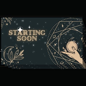 Könnte beinhalten: Animierter Twitch-Banner mit dunkelblauem Hintergrund, goldenen Sternen und einer Hand, die eine leuchtende Kugel hält. Der Text "STARTING SOON" ist in goldenen Buchstaben.