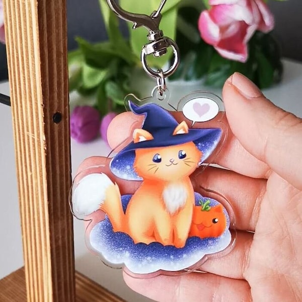 Katzen 6cm Acryl Anhänger Charm, süße Katze Kawaii Acrylic Schlüsselanhänger Witchy Halloween Katze 6cm Katzen Schlüsselanhänger