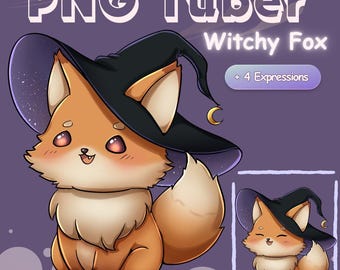 Witchy Fox PNG Tuber Kawaii Chibi | Animated Stream Avatar Halloween Witchy Fox | 4 Expressions PNG for OBS and Veadotube