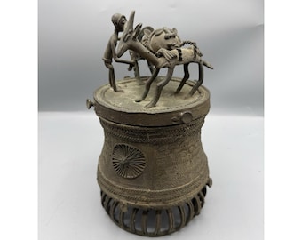 Vintage African Brass Gold Dust Vessel Antelope Rider Tribal Box Ghana Ashanti