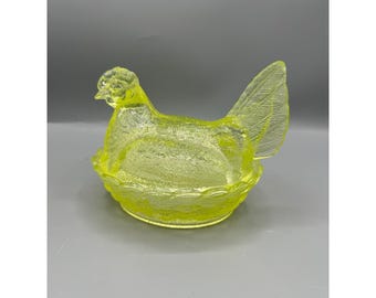 Mosser Vaseline Uranium Glass Hen on Nest Split Tail Trinket Dish Yellow Glow 7"