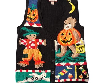 Crystal Kobe Vintage Halloween Sweater Vest Black Knit Pumpkin Scarecrow Ghost M