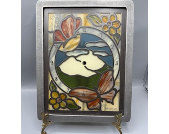 Vintage Westclox Stained Slag Glass Butterfly Wall Clock Face Pewter Frame DIY