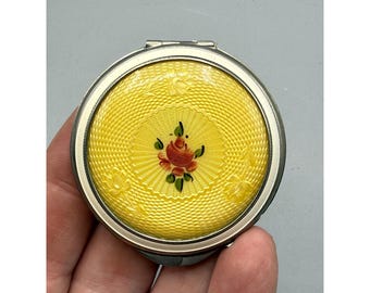 Clarice Jane Vintage Yellow Guilloche Enamel Rose Compact Mirror Rouge Powder
