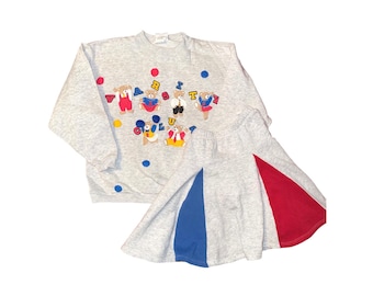 Vtg Spumoni SF Varsity Club Teddy Bear Sweatshirt Skirt Set Kids L cheerleader