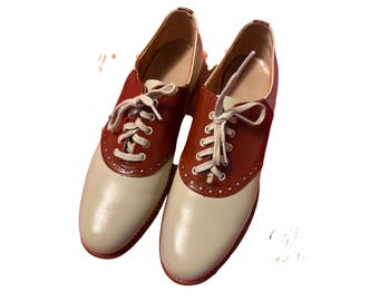 Vintage Two Tone Saddle Shoes Brown Cream Retro 1950s Style Oxfords Women 7.5