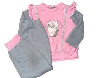 Vintage Stone Apparel Girls Pink Grey Kitten Ruffle Sweat Suit Set Size 5-6 USA