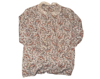 Vintage Vehicles Cottagecore Calico Blouse Lace Collar Cotton Long Sleeve Top