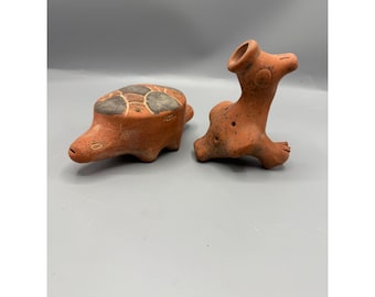 Unique Vtg Terracotta Turtle Dog Ocarina Whistle Set Handmade Mexico turtle bird