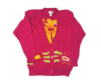 Vtg Pappagallo Sport Pink Floral Cardigan Sweater Womens Large Tropical Ramie