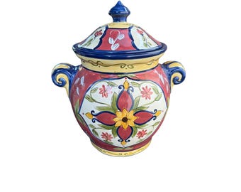 Pier 1 Vallarta Handpainted Earthenware Canister Lidded cookie Jar Floral