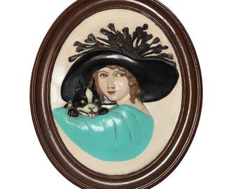 Vintage 1975 Duncan Ceramic Flapper Woman Boston Terrier Wall Plaque Art Deco