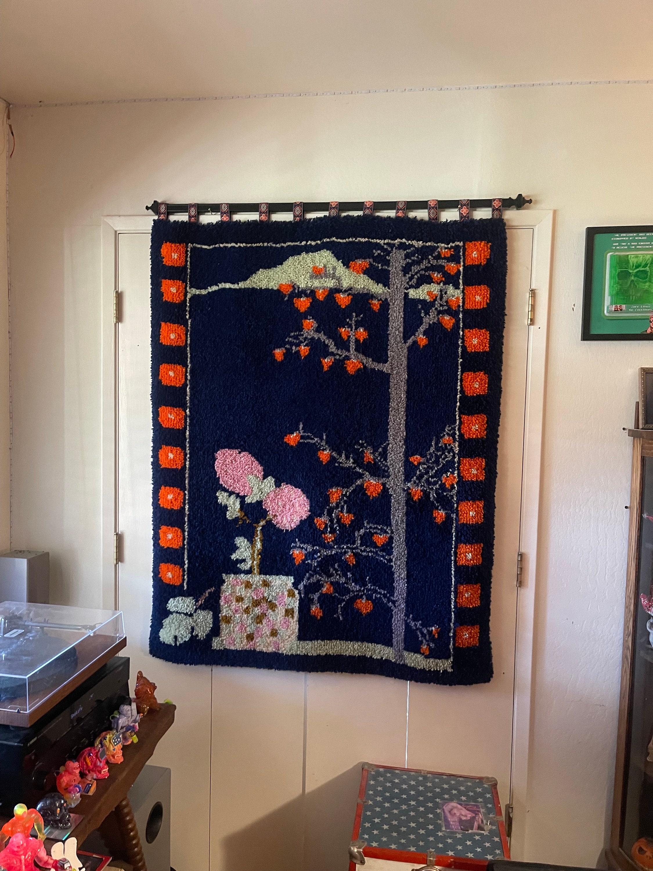 Japanese Latch Rug Japanese Cherry Blossom / Latch Hook Wall Hanging Art / 1970s Vintage ...