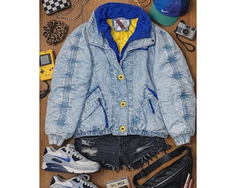 Vintage Gitano Acid Wash Denim Puffer Jacket Blue Yellow 80s 90s Streetwear M