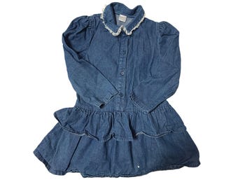 Vtg Oshkosh? Girls Blue Denim Tiered Ruffle Dress Lace Collar Puff Sleeve Size 6