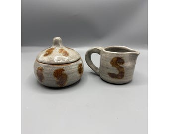 Vtg Studio Pottery Sugar Creamer Set Rustic Stoneware Boho Farmhouse Kitchen