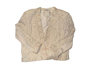 Vintage Lim's Cream 3D Floral Embroidered Open Front Jacket Crochet Motb Plus 1X