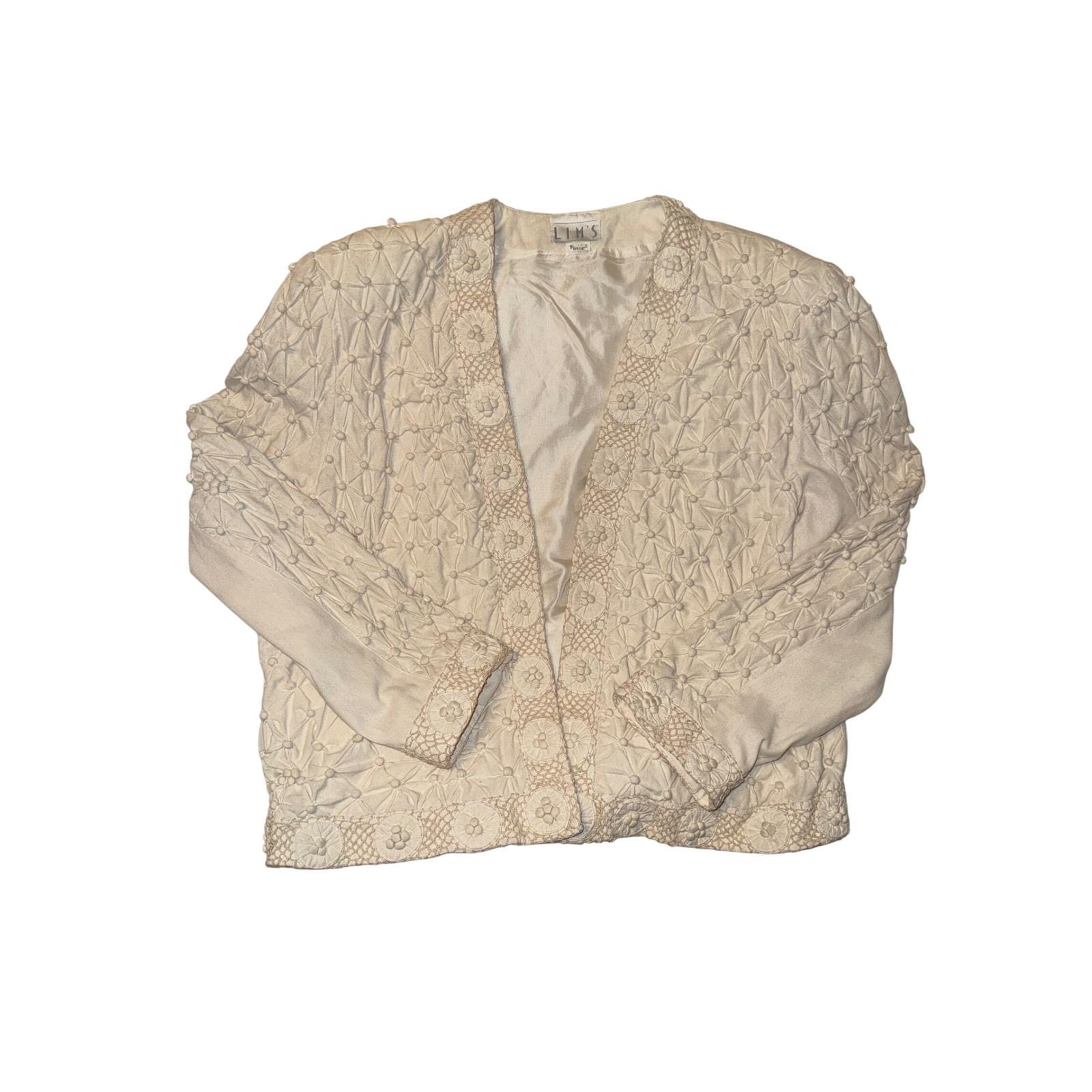 Vintage Lim's Cream 3D Floral Embroidered Open Front Jacket