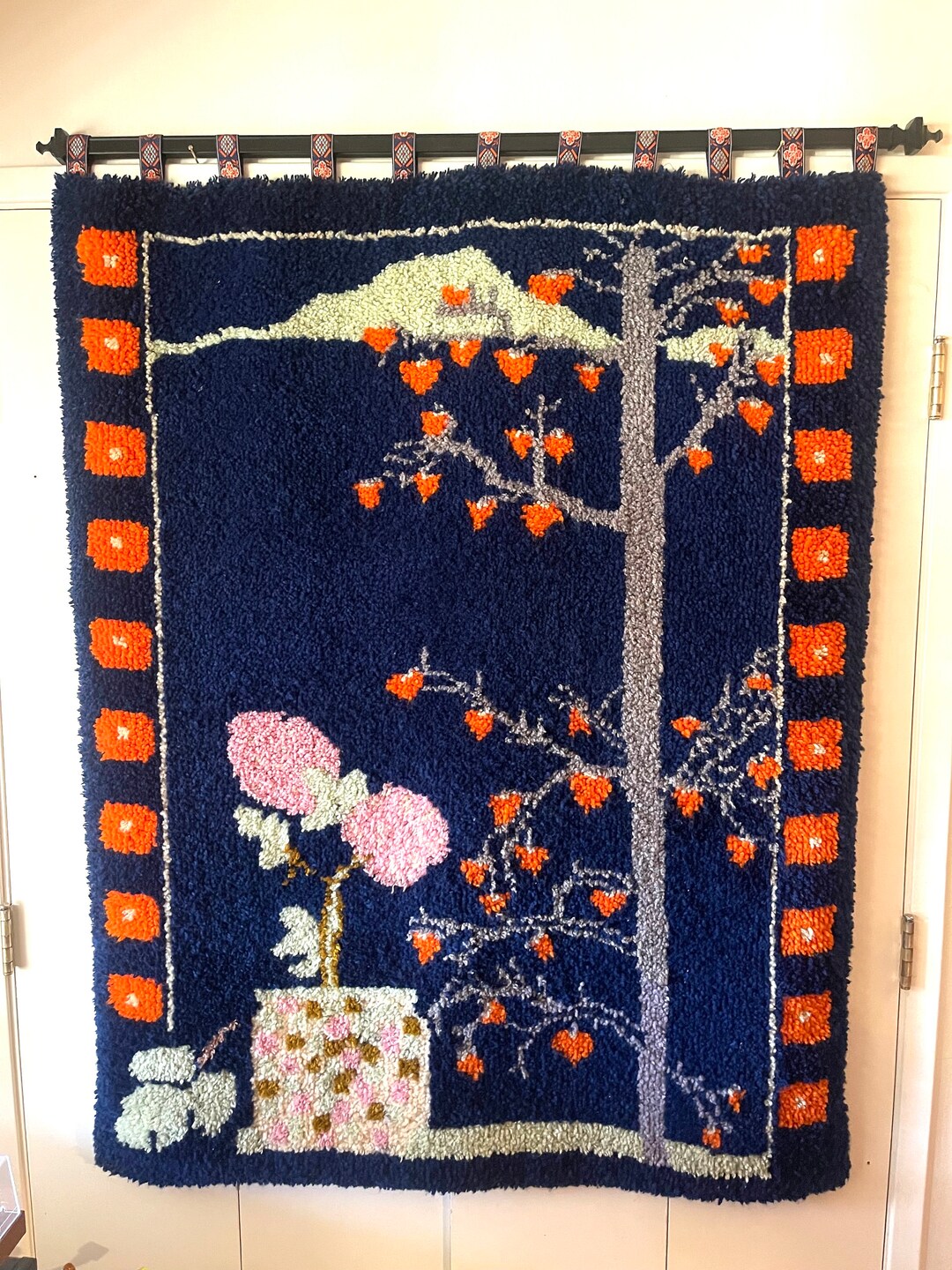 Japanese Latch Rug Japanese Cherry Blossom / Latch Hook Wall Hanging Art / 1970s Vintage ...
