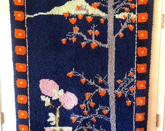 Japanese Cherry Blossom / Latch Hook Wall Hanging Art / 1970s Vintage handmade / Orange Navy Pink / Mid Century Tapestry Rug UNIQUE VHTF