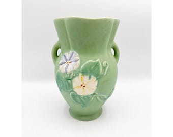 Weller Pottery Bouquet Morning Glory Amphora Green Vase 1935-39 Ht 9"  EUC