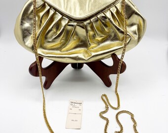 Vintage Gold Leather Dumpling Bag optional chain shoulder strap or clutch Nordstrom 80’s Hollywood New Years Eve unique htf NYE glam