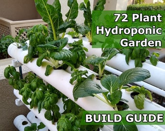 May include: A 72 plant hydroponic garden build guide with white PVC pipes and green leafy plants growing in them. The plants are in various stages of growth, with some being small and others being larger. The garden is set up in a tiered system, with the plants growing in rows on different levels. The garden is located outdoors, with a brick wall and a wooden fence in the background.