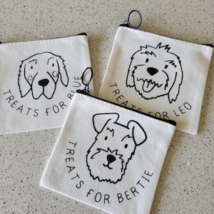 Puede incluir: Tres bolsas de lona blanca con ribete de cremallera negro y un anillo de metal negro. Cada bolsa presenta un dibujo lineal negro diferente de la cara de un perro y las palabras "Treats for" seguidas del nombre de un perro: Blue, Leo y Bertie.