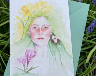 Lente kaart met envelop, lente-vrouw, Green Woman, Green Man, krachtvrouw, kunstkaart, postkaart, aquarel, Ostara, Imbolc