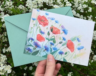 Bloemenkaart met envelop, natuurkaart, kunstkaart, verjaardagskaart, postkaart zonder tekst, wilde bloemen, klaprozen, aquarel kunst