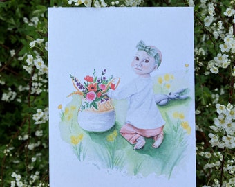 Blanco postkaart bloemenmeisje met envelop, verjaardag, geboorte kaart, natuurkaart, bloemen, postkaart, kunstkaart, aquarel