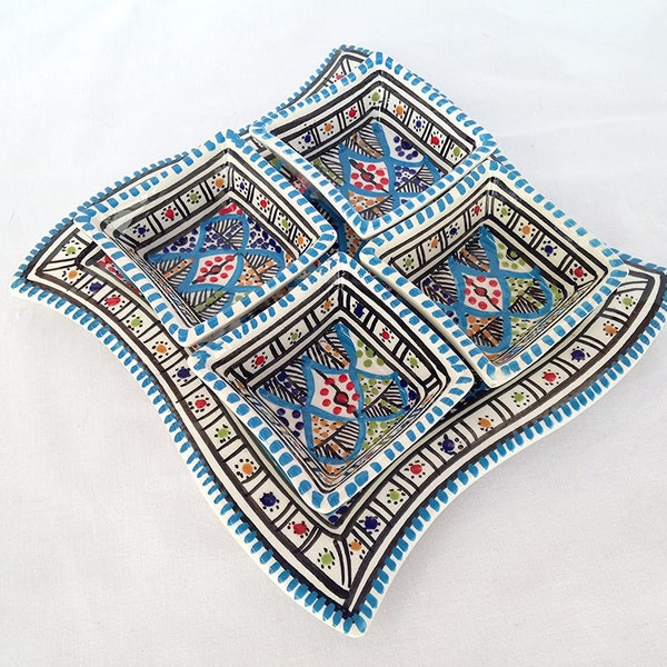 Delightful Dining Square Tapas, Dip, Snack, Aperitif Bowls, Dishes in Tunisian Rainbow Or Chrysanthemum Blue Design. Set Of Five. 20 Or 25cm