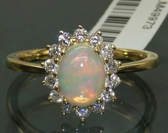 14k Yellow Gold Natural 4.5ct Opal Oval .70ct Diamond Ring Pinky Anniversary Birthday Welo Opal Ring Diamond Ring Engagement Gold Opal Ring