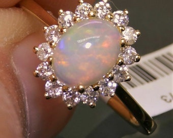 14k Yellow Gold Natural 4.5ct Opal Oval .70ct Diamond Ring Pinky Anniversary Birthday Welo Opal Ring Diamond Ring Engagement Gold Opal Ring