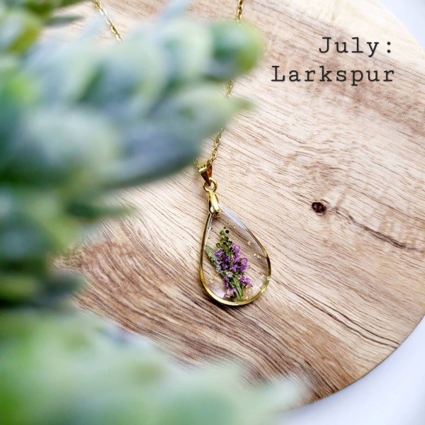 July birth flower necklace, Larkspur flower, Handmade Birth Month Real Flower Necklace, Personalized Handmade, Pressed Resin Pendant Jewelry