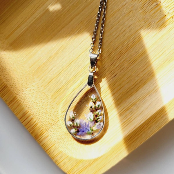 Blue floral tear drop necklace, veronica speedwell terrarium necklace for nature lover, periwinkle purple necklace pendant