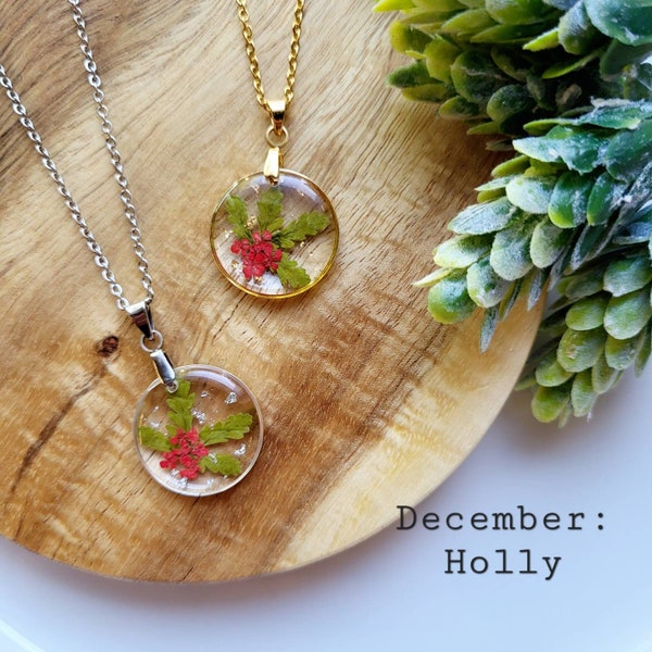 December birth flower necklace, The Holly, Handmade Birth Month Real Flower Necklace, Personalized Handmade, Pressed Resin Pendant Jewelry