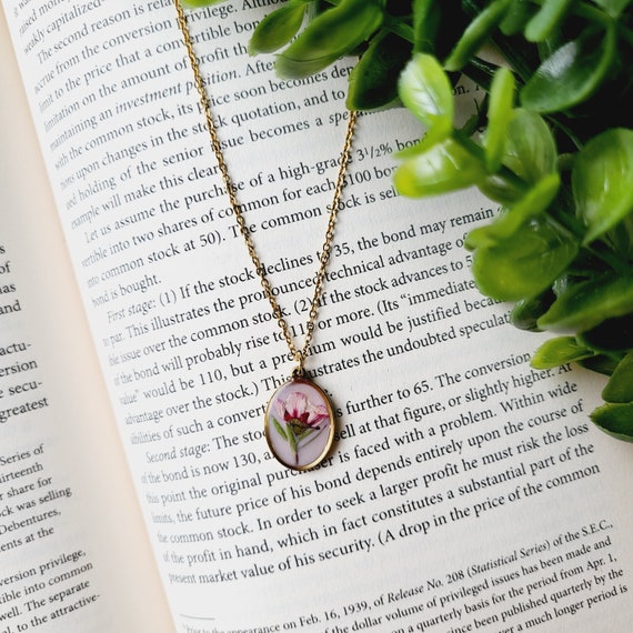 Pink Flower Oval Necklace Real Flower Stem Gold Necklace With