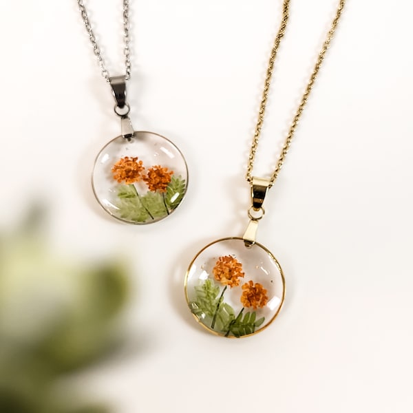 October birth flower necklace, Marigold flower, Handmade Birth Month Real Flower Necklace, Personalized Pressed Resin Pendant Jewelry